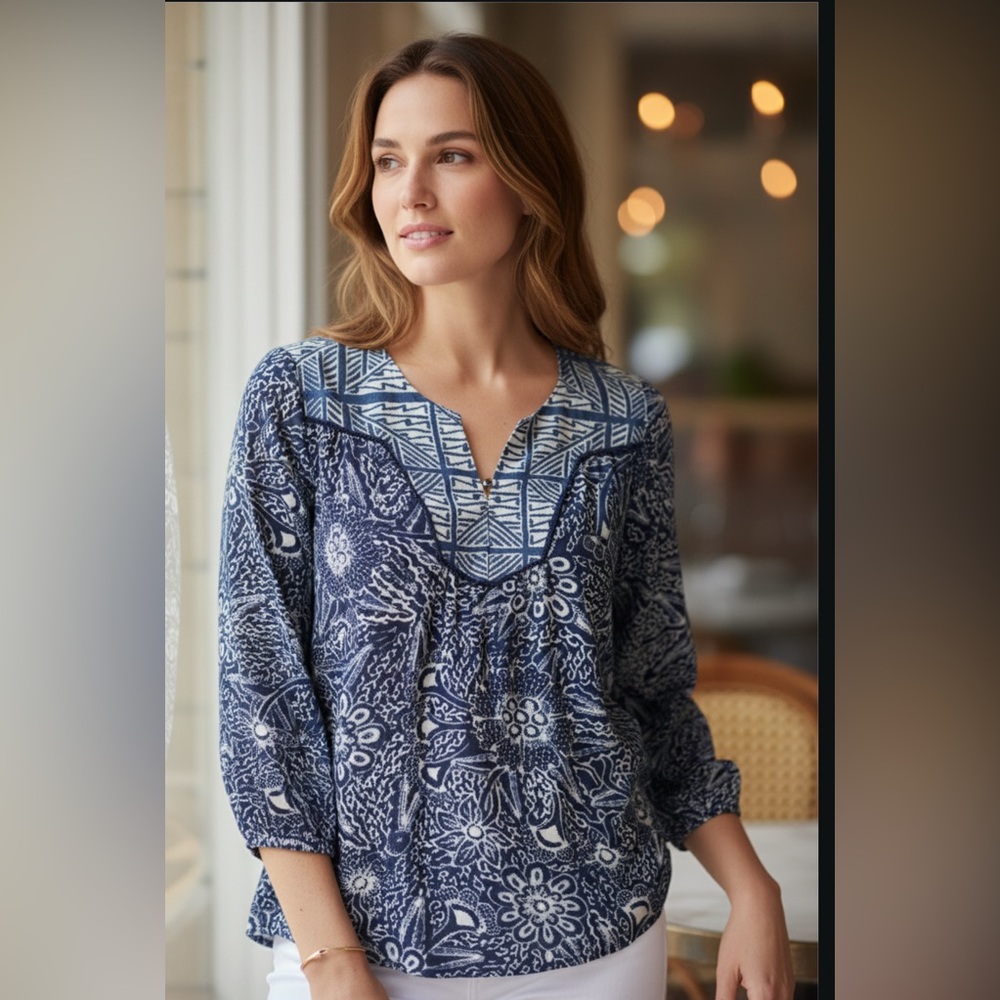 Lucky Brand Navy and White boho paisley blouse.